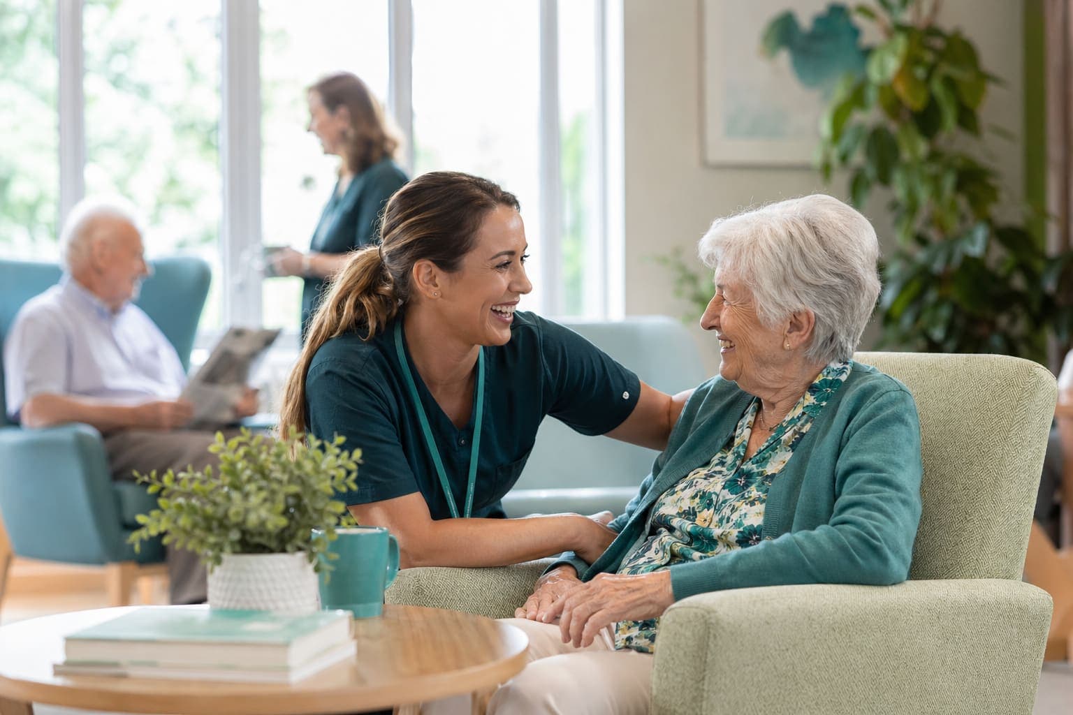 Pflegekraft und Seniorin im Gespräch im Aufenthaltsraum